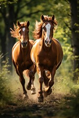 Obraz na płótnie Canvas AI generated illustration of Two majestic horses running through a sun-dappled wooded area