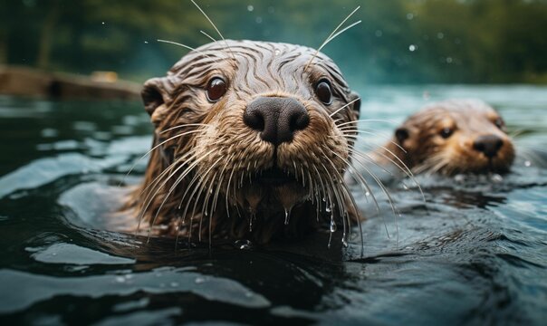 a otter in the water looking up at the camera with its reeves close