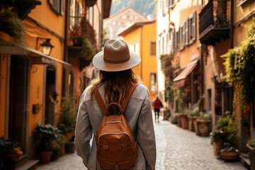 Obraz premium AI generated illustration of a female traveler in a stylish hat confidently strolls down the street