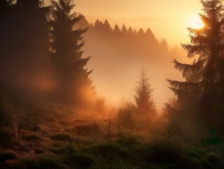 AI generated illustration of a tranquil landscape featuring a sunlit horizon over a foggy landscape
