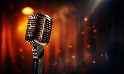 AI illustration of a microphone on a stage with bright lights.