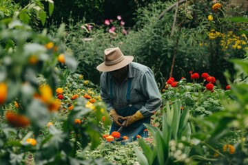 Man in a Hat Working in a Garden
