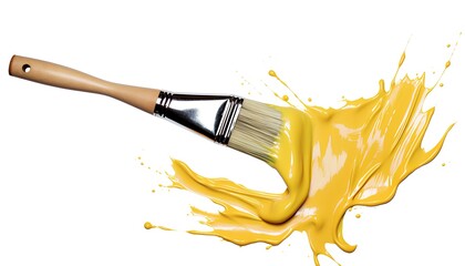 paint brush with paint. brush with yellow paint splashing over white background. Paint brush and...