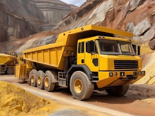 Yellow dump truck loading minerals copper, silver, gold, and other at mining quarry.
