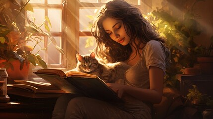 In a room filled with books, a young woman and her cat find solace, their quiet companionship transcending the ordinary.