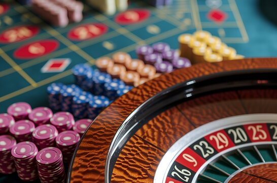some cards and chips sit on the table next to a roulet
