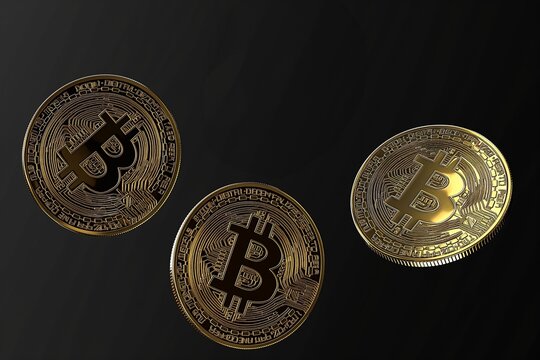 three golden bitcoins are on a black background stock photo - rights, images
