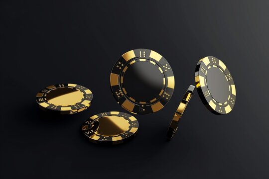 a set of black and gold poker chips on a black background
