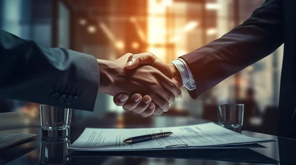 Fotobehang Handshake between business professionals in office setting signifies successful agreement and teamwork © Pronpipat