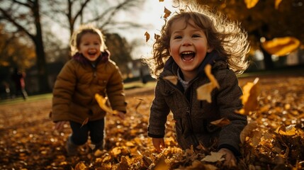 two children run through as they toss leaves in the air - obrazy, fototapety, plakaty