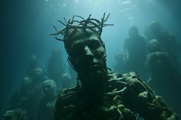 AI generated illustration of old stone sculptures of men underwater - obrazy, fototapety, plakaty