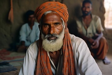 Obraz premium AI generated illustration of a dark-skinned man wearing an orange turban sits among a group