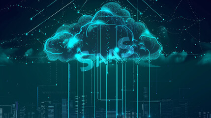 cloud computing with sky, wires and buildings in background, in the style of dark teal and dark black, neon grids, floating structures, organic formations, rough clusters, creative commons attribution