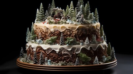 A captivating Christmas cake featuring lifelike edible pine trees, delicate deer figurines, and a realistic layer of edible snow, transporting you to a serene winter forest, all in stunning HD