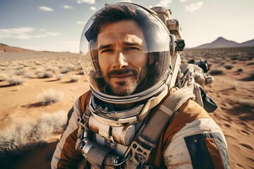 AI generated illustration of a male in an astronaut suit taking a selfie
