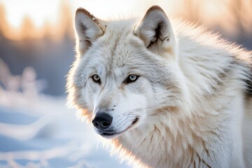 Close up of white wolf with snow background