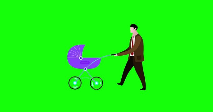 Cartoon businessman with violet baby buggy isolated green screen. Baby boom. Handsome father. Business people animated version. Business cartoon animations serie.