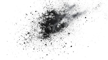 Black chalk pieces and dust flying, effect explode isolated on white - obrazy, fototapety, plakaty