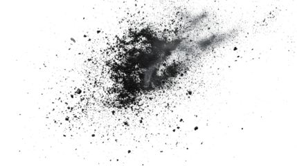 Black chalk pieces and dust flying, effect explode isolated on white