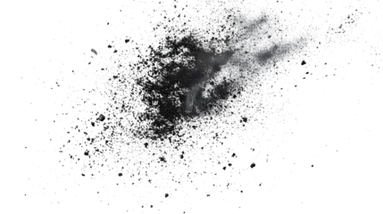 Foto op Plexiglas Black chalk pieces and dust flying, effect explode isolated on white © john