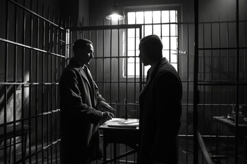 Men Standing Together in Jail Cell - obrazy, fototapety, plakaty