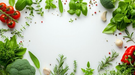 Fototapeta na wymiar Vegetables and herbs on white background, healthy lifestyle, there is space for text
