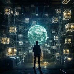 IA come un guardiano virtuale. Protegge una rete informatica da minacce di malware e attacchi hacker - obrazy, fototapety, plakaty