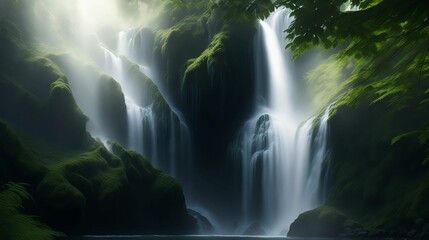AI generated illustration of a majestic waterfall cascading over a lush green foliage of trees