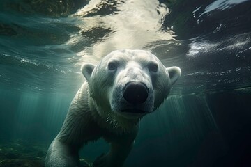 AI generated polar bear is seen swimming in water - obrazy, fototapety, plakaty