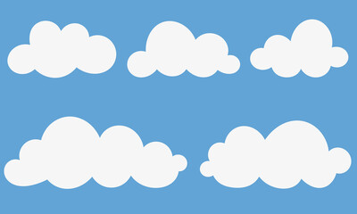 Set of flat white clouds, isolated on blue background
