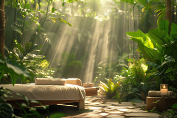 Sunlight filters through the foliage to illuminate a peaceful outdoor spa setting.