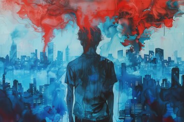 Gloomy Horizons: A Watercolor Illustration of Urban Pollution - Youth in the Smog: Painting the Future of Air Pollution
