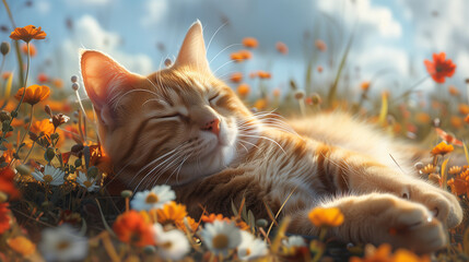 cat in the field sleeping during sunset