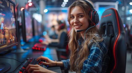 Happy gamer woman using Wireless Headphone, playing games in an internet cafe.
