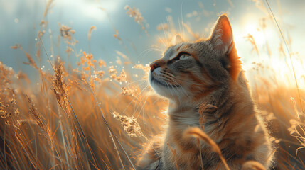 cat in the sun in meadow during sunset