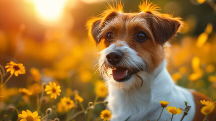 jack russell terrier sitting on the grass during sunset