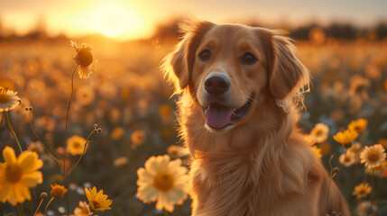 golden retriever in the field during susnet