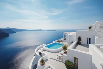 Fotobehang Luxurious modern property on a hill with stunning sea views. Santorini style villa, Mediterranean white house, blue water pool. © Рика Тс