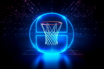 The ball went into the basket. banner basketball ball and hoop on a dark background. Blue lights. Blue backlight.
