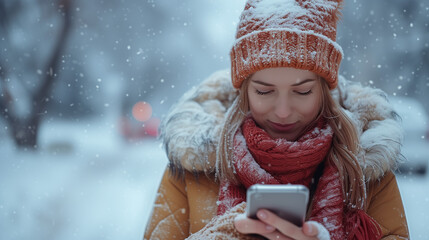 woman during winter looking at her mobile phone and smiling