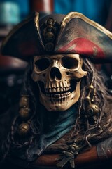 AI generated illustration of a skull wearing a black pirate hat - obrazy, fototapety, plakaty