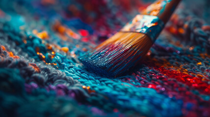 Fototapeta premium A paintbrush on colorful fabric captures the essence of artistry, rendered in an AI Generative design.