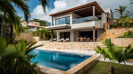 Obraz premium A cozy retreat, a luxurious contemporary style villa with a large swimming pool. Cozy solitude, relaxation, vacation