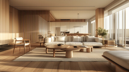 Fototapeta na wymiar A spacious modern living room with elegant wooden design, evoking comfort, AI Generative.