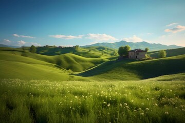Idyllic countryside landscape featuring green hills and blue sky. AI-generated.