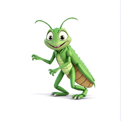 Adorable 3d rendered cute happy smiling and joyful grasshopper cartoon character on white backdrop