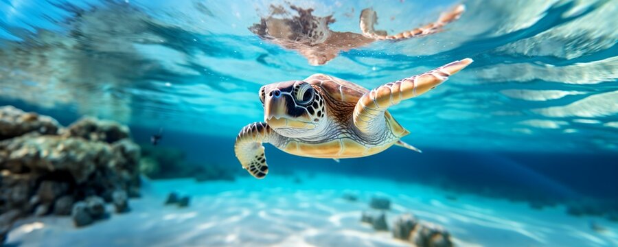 AI generated image: A Baby Sea Turtle's Voyage in Azure Waters