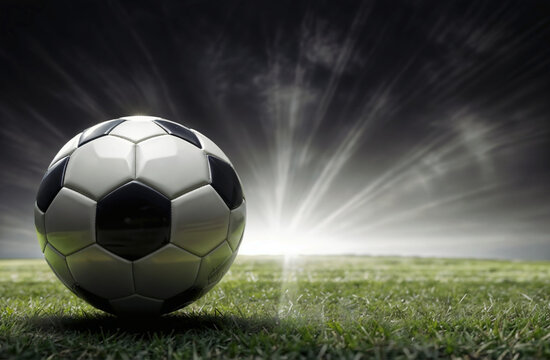A soccer ball is placed on a grassy field with a dramatic light shining from behind.