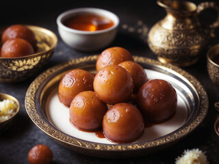 Indian Pakistan asian sweet desert mithai Gulab jamun, gulaab jamun in sugar syrup Egyptian Zalabia balls