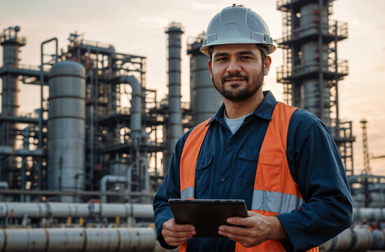 At the oil refinery, a skilled engineer wearing hardhat employs a tablet for efficient operation management